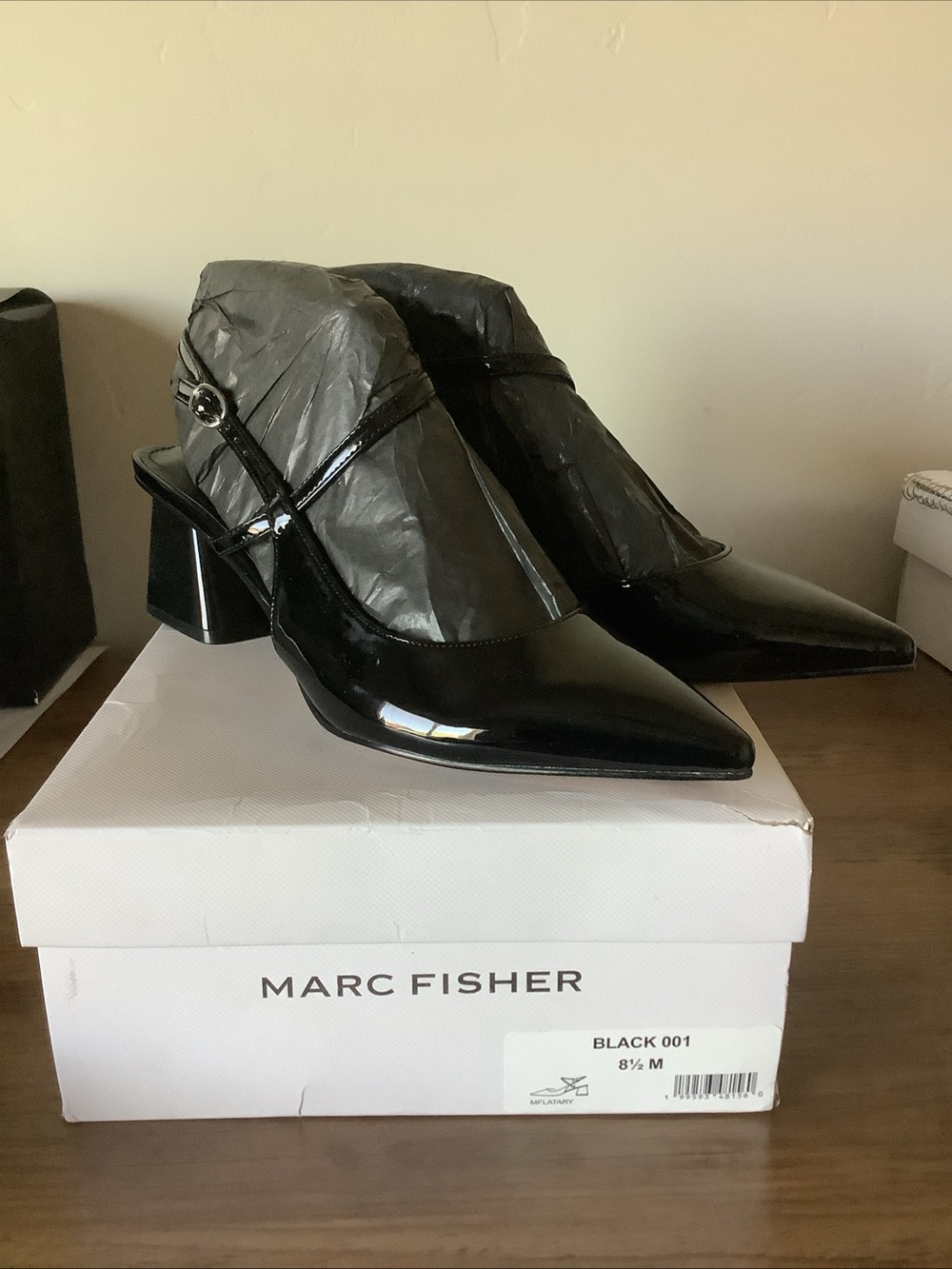 Marc Fisher Black Patent Leather Pointed Slingback Pumps with Block Heel